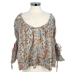 By Anthropologie Floral Long-Sleeve Shirred Blouse Brown Blue Size Large